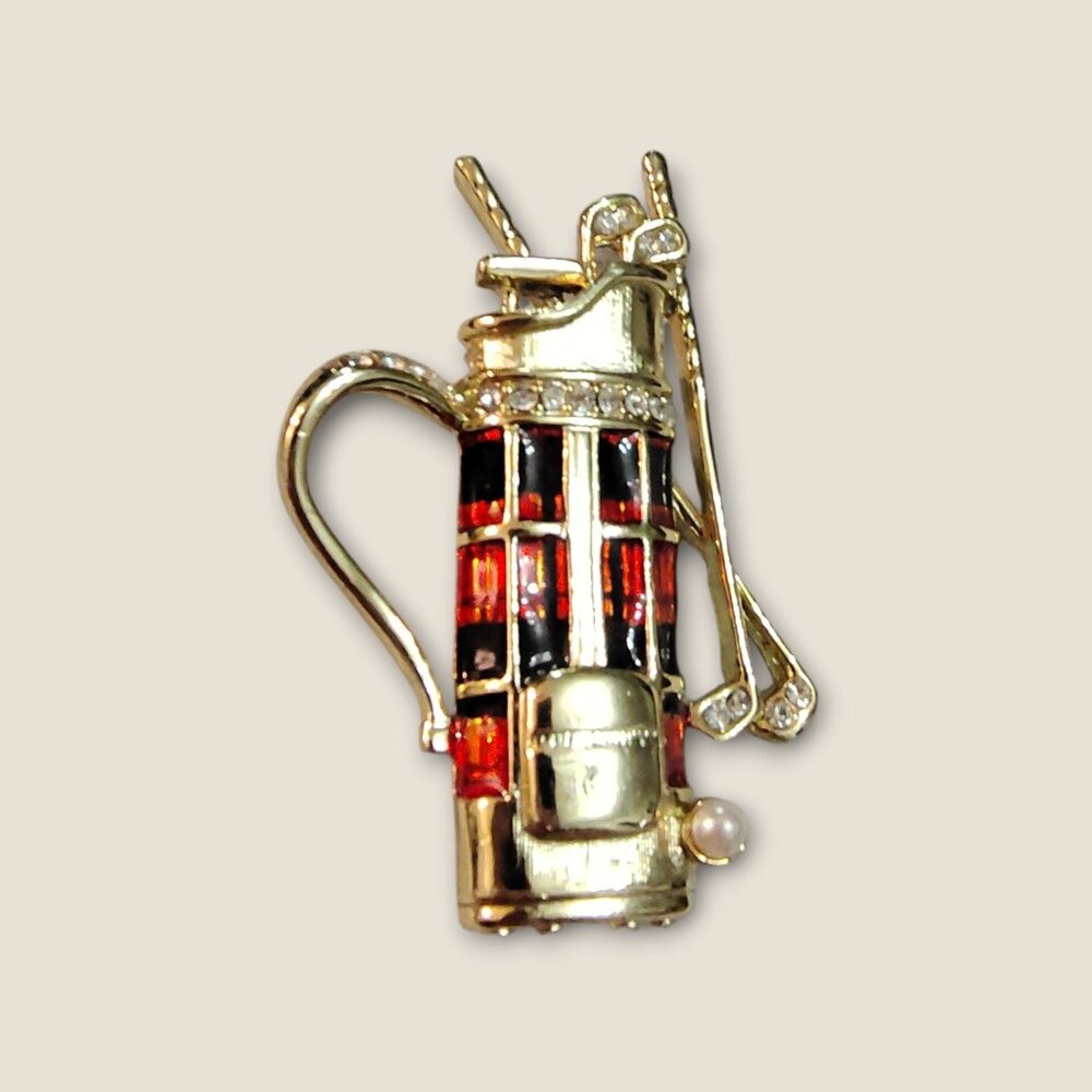 Danecraft Golf Bag Brooch Red & Black Enamel Gold-Tone Rhinestones Pearl Accent - Picture 3 of 4